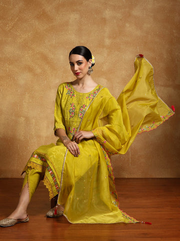 Varanga Women Floral Motif Thread Embroidered Yoke Kurta with Trouser & Dupatta